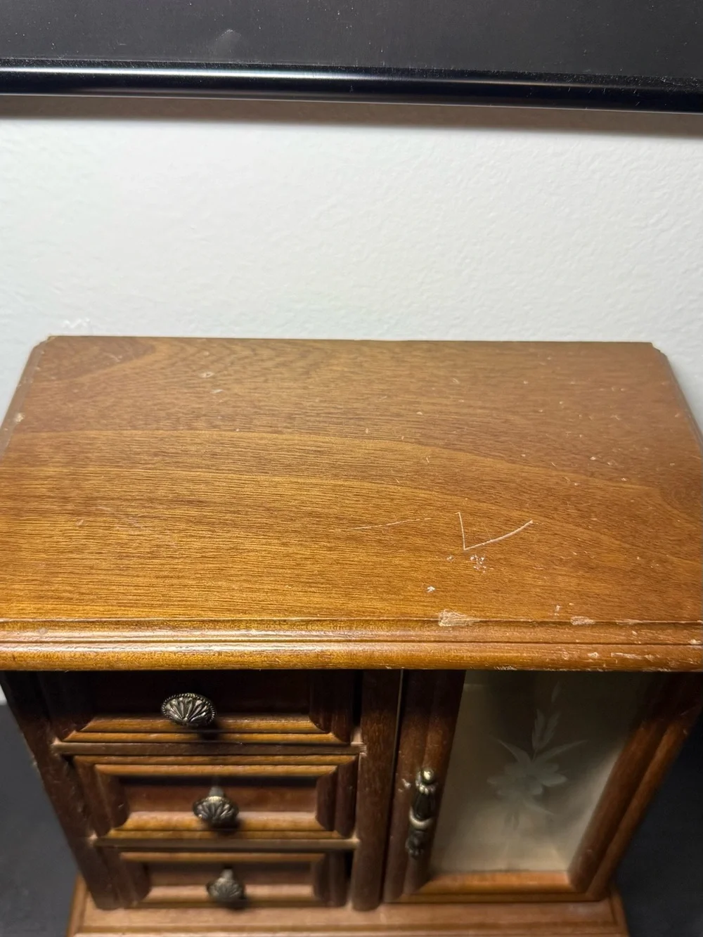 Vintage Wooden Jewelry Box 3 Storage Pull Out & Etched Flower With Mirror